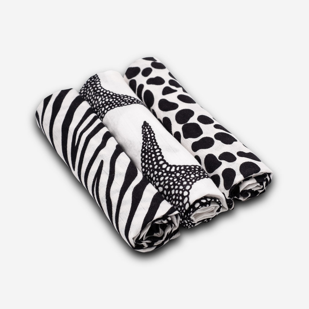 3-PACK ANIMAL PRINT MUSLIN SQUARES - for newborn to 4 month old babies
